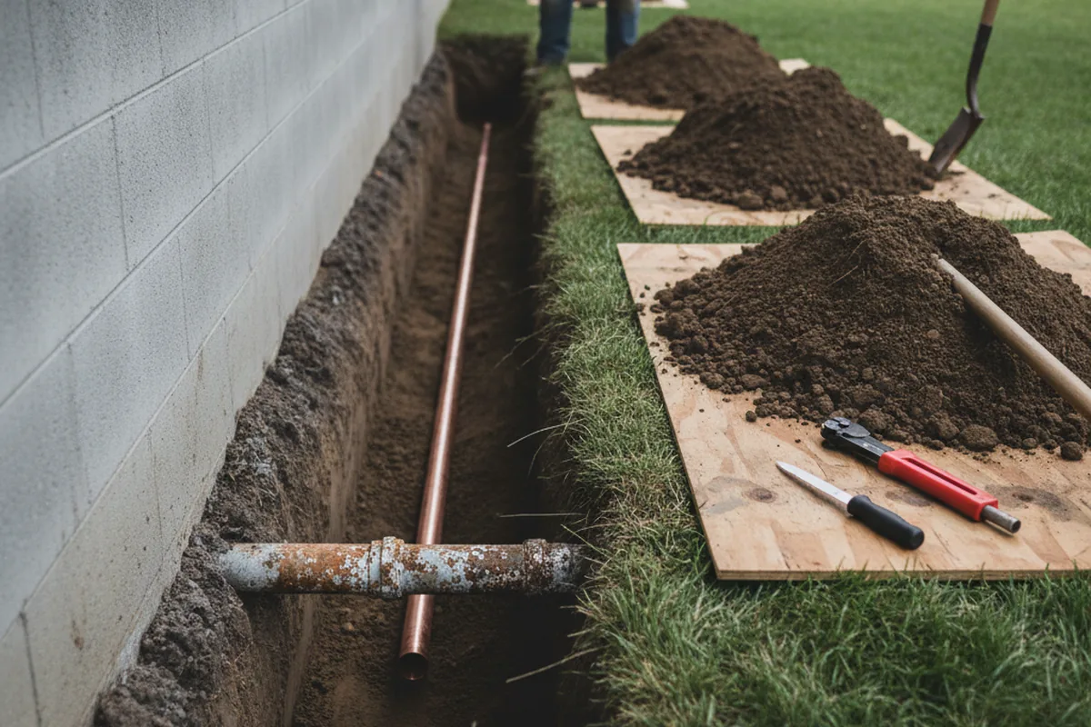 Excavated water line trench during Sewer Line Repair in Blackwell